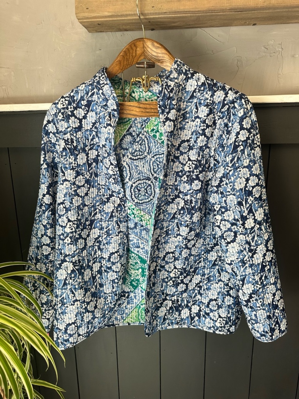 Grama Chic Quilted Reversible Blazer Jacket Blue and Green Print size XL